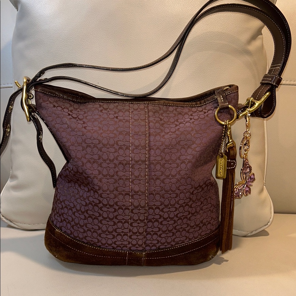 Coach Vintage Jacquard  & Suede Hobo Bag in Purple and Brown with Tassel